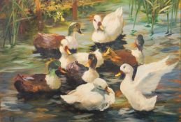 Impressionistischer Entenschwarm auf dem Teich
