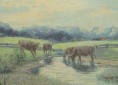 Kühe am Wasser vor Alpenpanorama