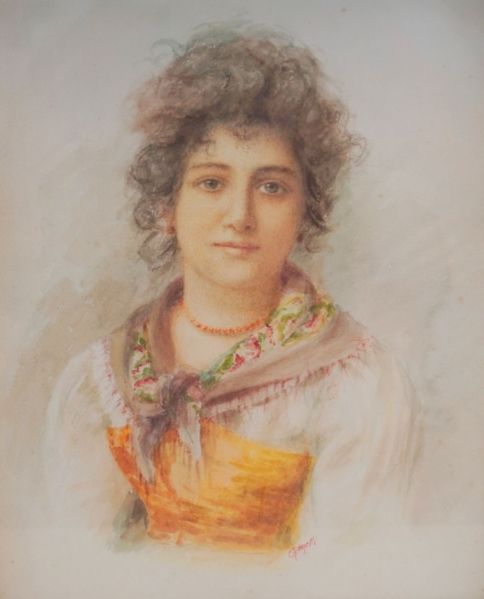 Ganetti, ital. Aquarellist um 1900: Darstellung einer italienischen Schönheit in trad. Tracht.