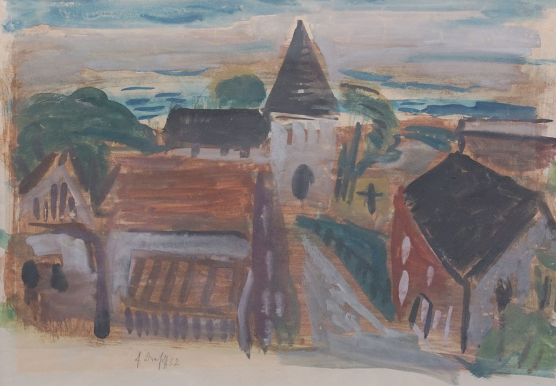 Oberhoff, Ernst: Kirche mit Dorf verso westf. Dorf -1932 - Image 3 of 3