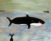 A naive painting of a Mother and Calf Sperm Whale