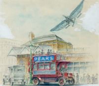 A charming watercolour of an early 20th Century London bus An early plane flying overhead