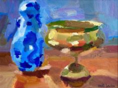 Neill LOWDON (XX-XXI) Still life brass vase and blue vase