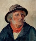 An early 20th Century oil on board Man with a pipe and red neckerchief