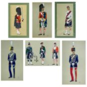 Six military oils on card In Full Dress, including the 11th Hassar's and The Argyll and Sutherland H