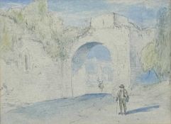 English School Circa 1840 A Man Standing Outside the City Gate
