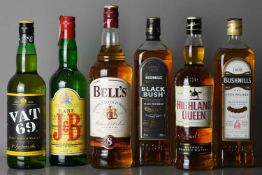 Bell's Scotch Whisky 1L, Bushmills Irish, 1L, Black Bush Irish, IL, and three other 70cl bottles.