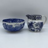 A blue and white jug and bowl