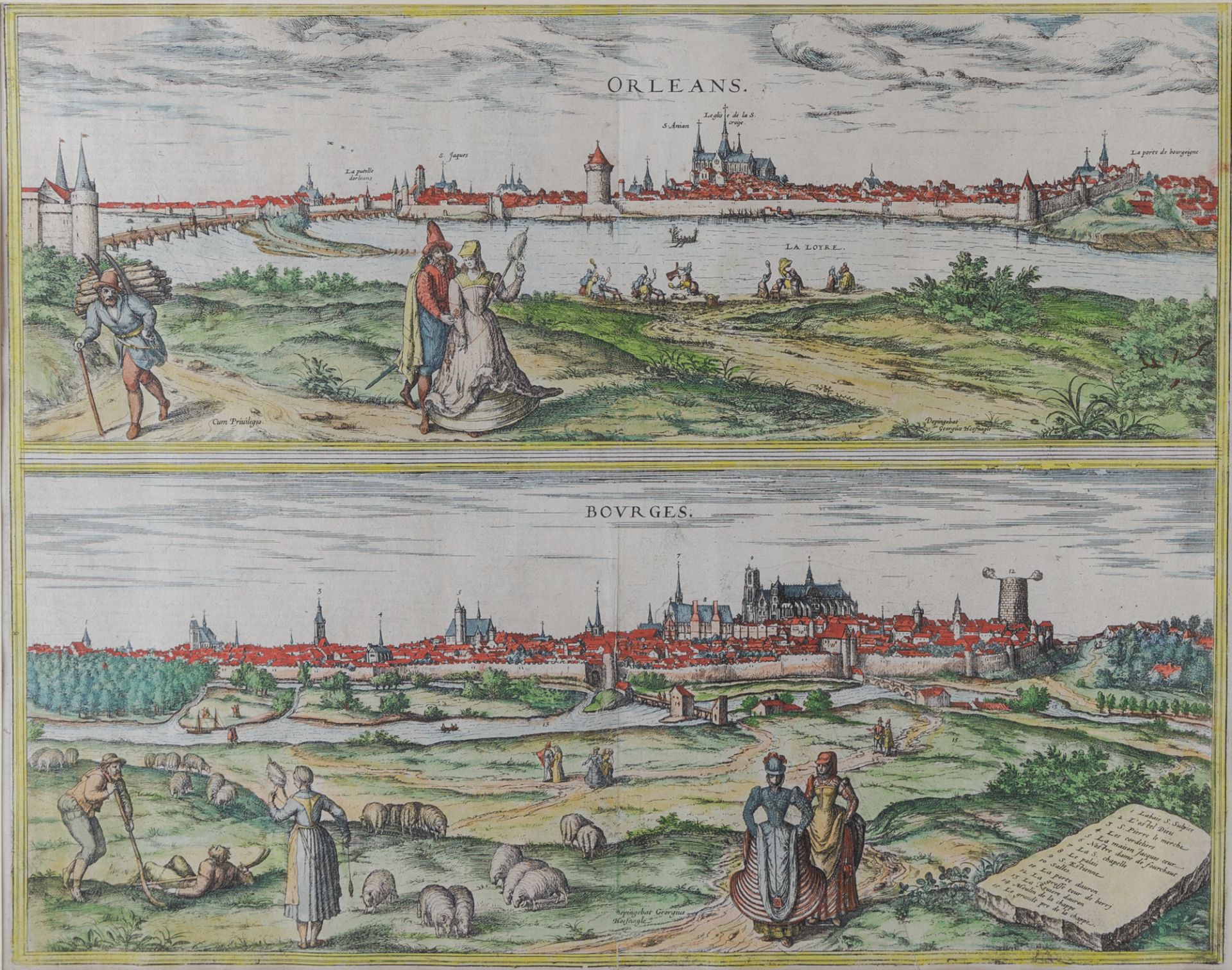 Altkolorierte Panoramen der Städte Orléans und Bourges