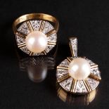 Ring und Anhänger mit Perle und Diamantbesatz, GG 750