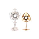 A white metal Solar Monstrance, 20th century, embossed in the gothic style, with vacant glazed