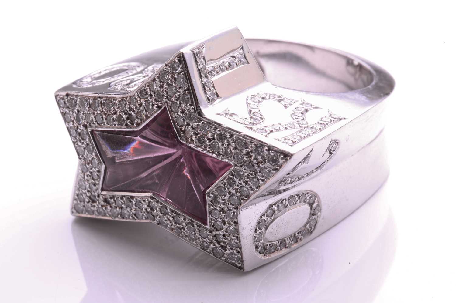 A Stephen Webster 'Rock Star' ring set with pink tourmaline, in white metal stamped 18ct, set with - Image 5 of 12