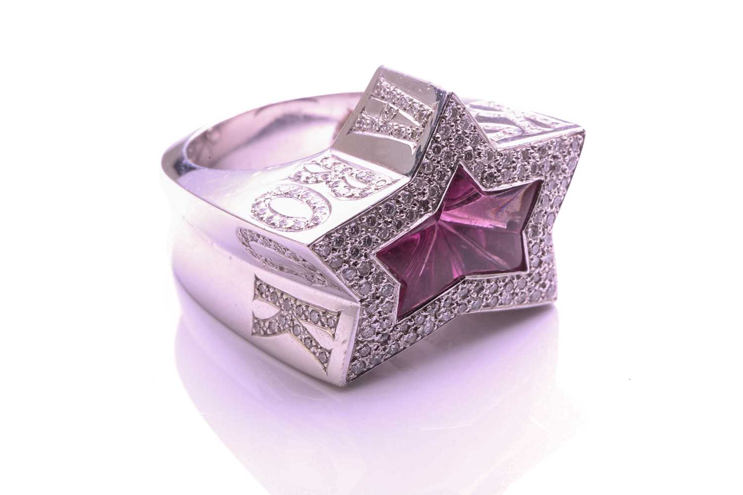 A Stephen Webster 'Rock Star' ring set with pink tourmaline, in white metal stamped 18ct, set with - Image 9 of 12