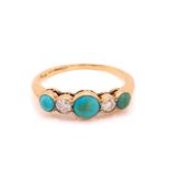 A turquoise and diamond half hoop ring, comprising graduated circular turquoise cabochons