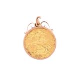 George V sovereign gold coin, dated 1912, set within a 9ct yellow gold pendant mount, 9.6 grams