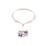 Georg Jensen - 'Neck Ring' with quartz and amethyst multi-drop pendant; comprising a streamlined