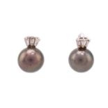 A pair of Tahitian pearl stud earrings, each comprises a round pearl of 10.8 mm, steel coloured with