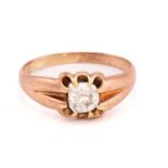 A diamond gypsy ring, comprising a rectangular old mine-cut diamond of 6.0 x 5.8 x 3.9 mm, in a