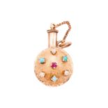 A gem-set perfume bottle charm, one side of the circular flask has claw-set with pearls, turquoise
