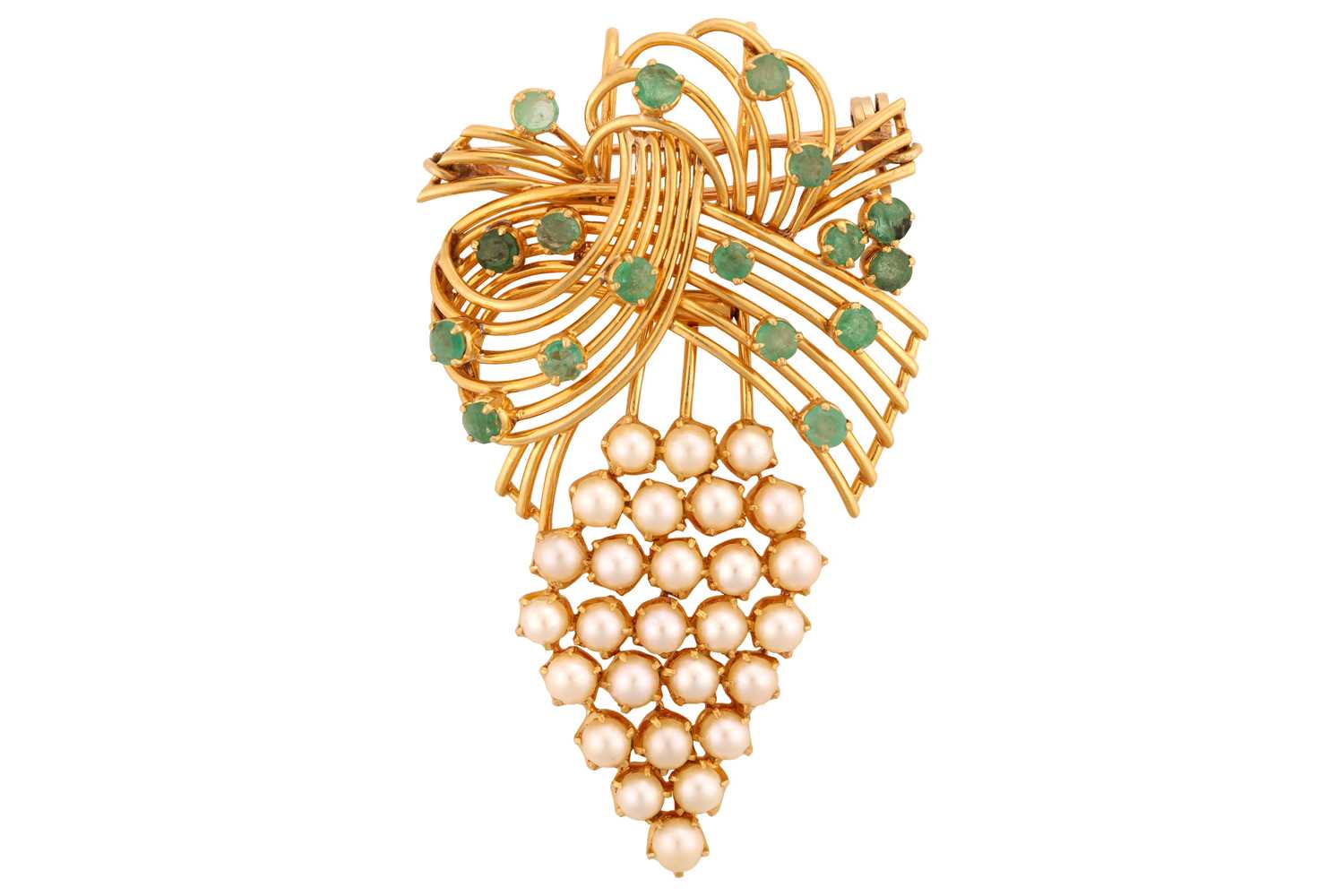 An emerald and pearl pendant brooch, of bow and grape design; the wirework bow-shaped surmount