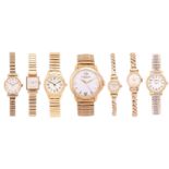 A collection of seven watches including a Raymond Weil in a gilt case measuring 39mm with a quartz