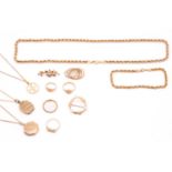 A group of 9ct yellow gold jewellery, to include a rope-twist necklace and matching bracelet, two