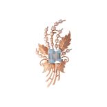 An aquamarine and pearl brooch in botanical design, featuring an emerald-cut aquamarine of light