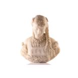 An Italian white alabaster bust study of a young lady, late 19th century, modelled in medieval dress