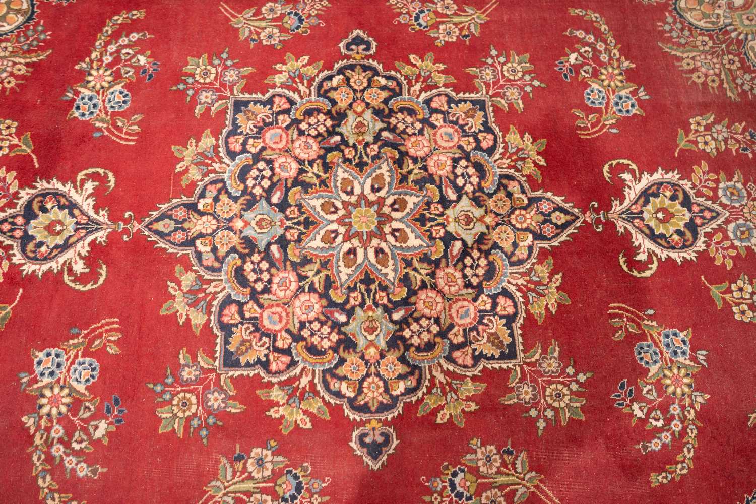 A red ground Tabriz carpet, 20th century, with a central polylobate "book-cover" design within - Image 2 of 6