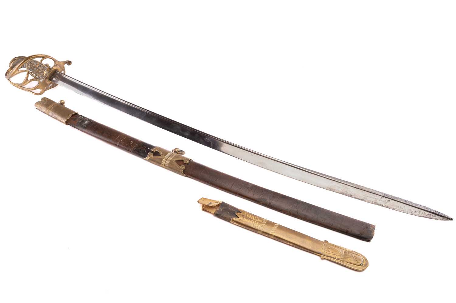 A William IV officer's infantry sword with scabbard, the brass open hilt with Royal Cypher and