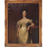 19th-century school, a three quarter length portrait of a lady in a cream dress, oil on canvas, 89.5