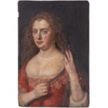 17th-century school, portrait of a woman in a red dress, oil on a panelled oak board (adjoining half