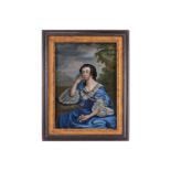A reverse painted on glass portrait of a seated beauty, 35.5 cm x 25.5 cm in a gilt and ebonised