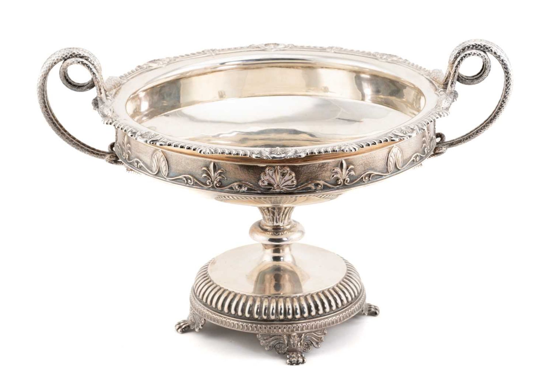 A large George V silver pedestal bowl, Sheffield 1933 by James Dixon & Sons, the twin-handles formed