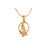 A gem-set pendant on chain, of foliate design, surround decorated with bright-cut details, set