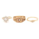 Three gem-set rings; including a single stone diamond signet ring, the rose-cut diamond star-set