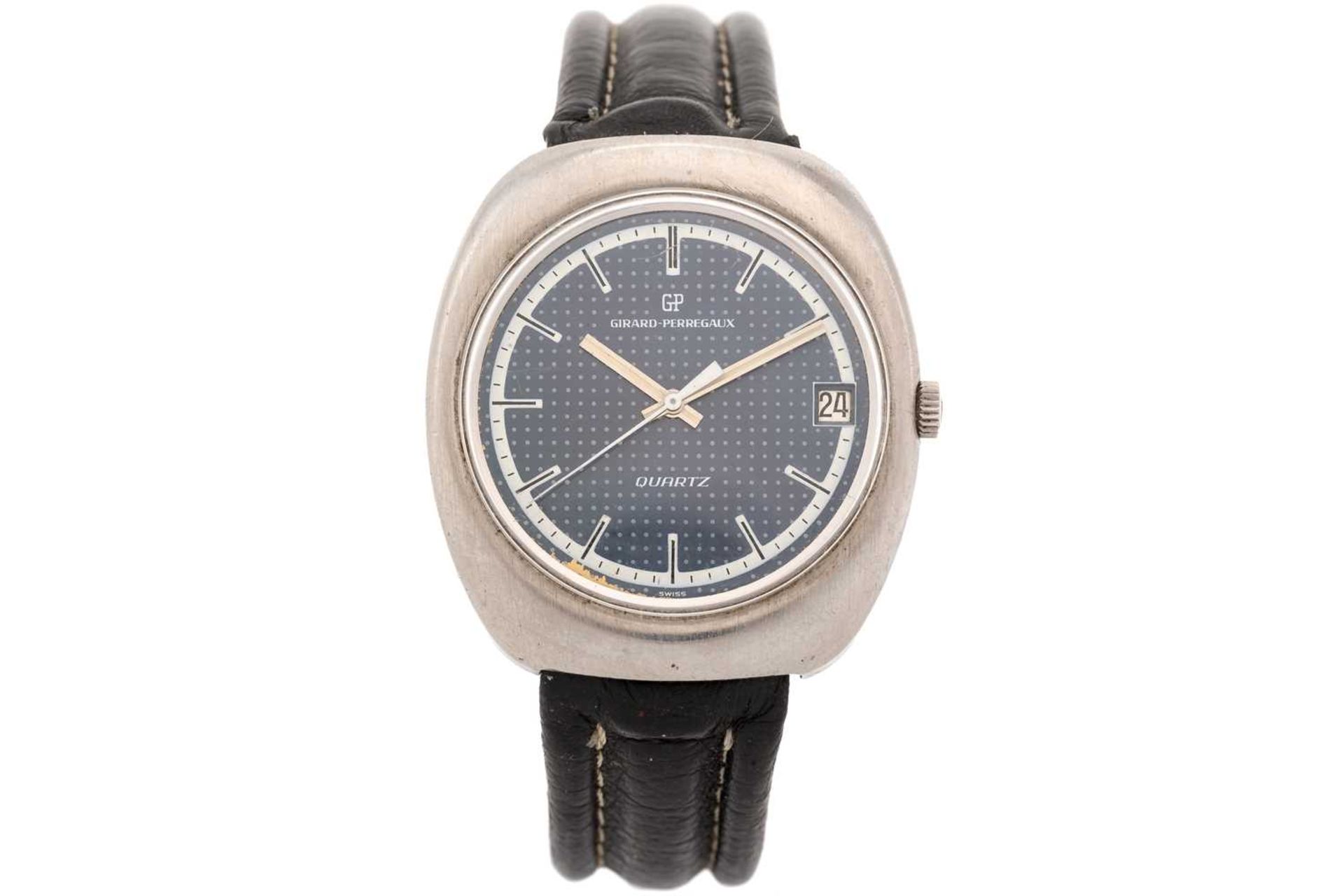 A Girard-Perregaux stainless steel quartz wristwatch, the blue speckled dial with baton indices