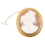 A Victorian shell cameo brooch, depicting Goddess Flora wearing a flower crown composed of roses and