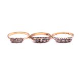 Three old cut diamond rings, comprising a graduated five stone ring, the shank stamped 18ct Plat,