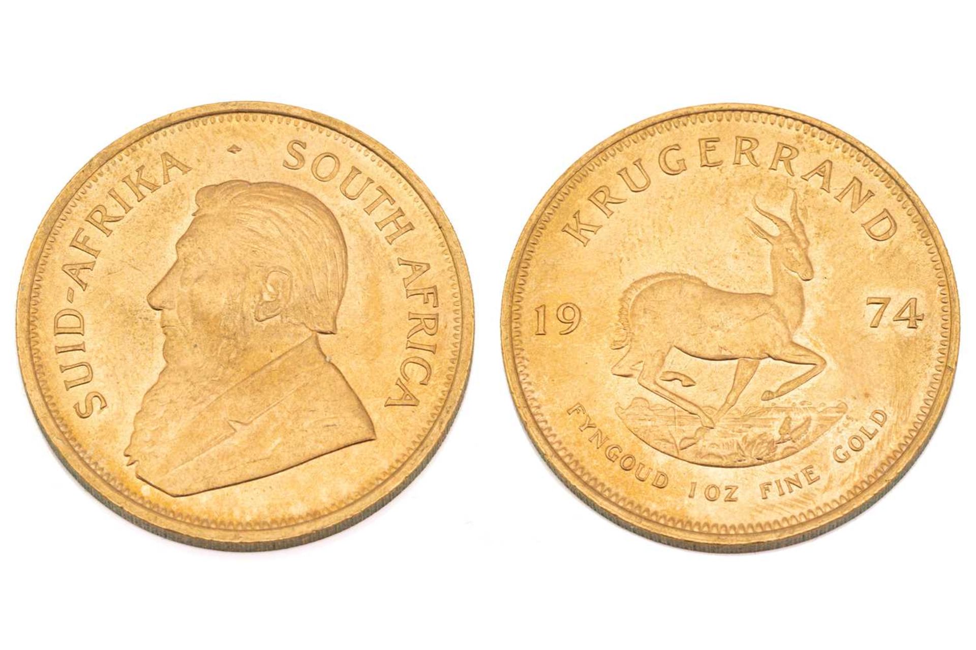 A 1oz 22ct gold South Africa Krugerrand, 1974Obv: very light, short surface marks. Rev: Very light