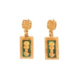 A pair of Peruvian earrings, in Pre-Columbian style design, each composed of a rectangular