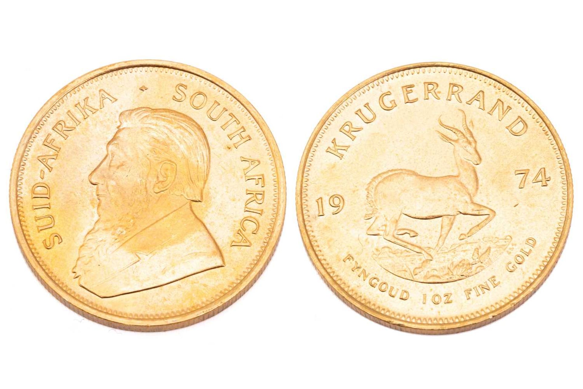 A 1oz 22ct gold South Africa Krugerrand, 1974Obv: some toned spots and light surface marks. Rev: