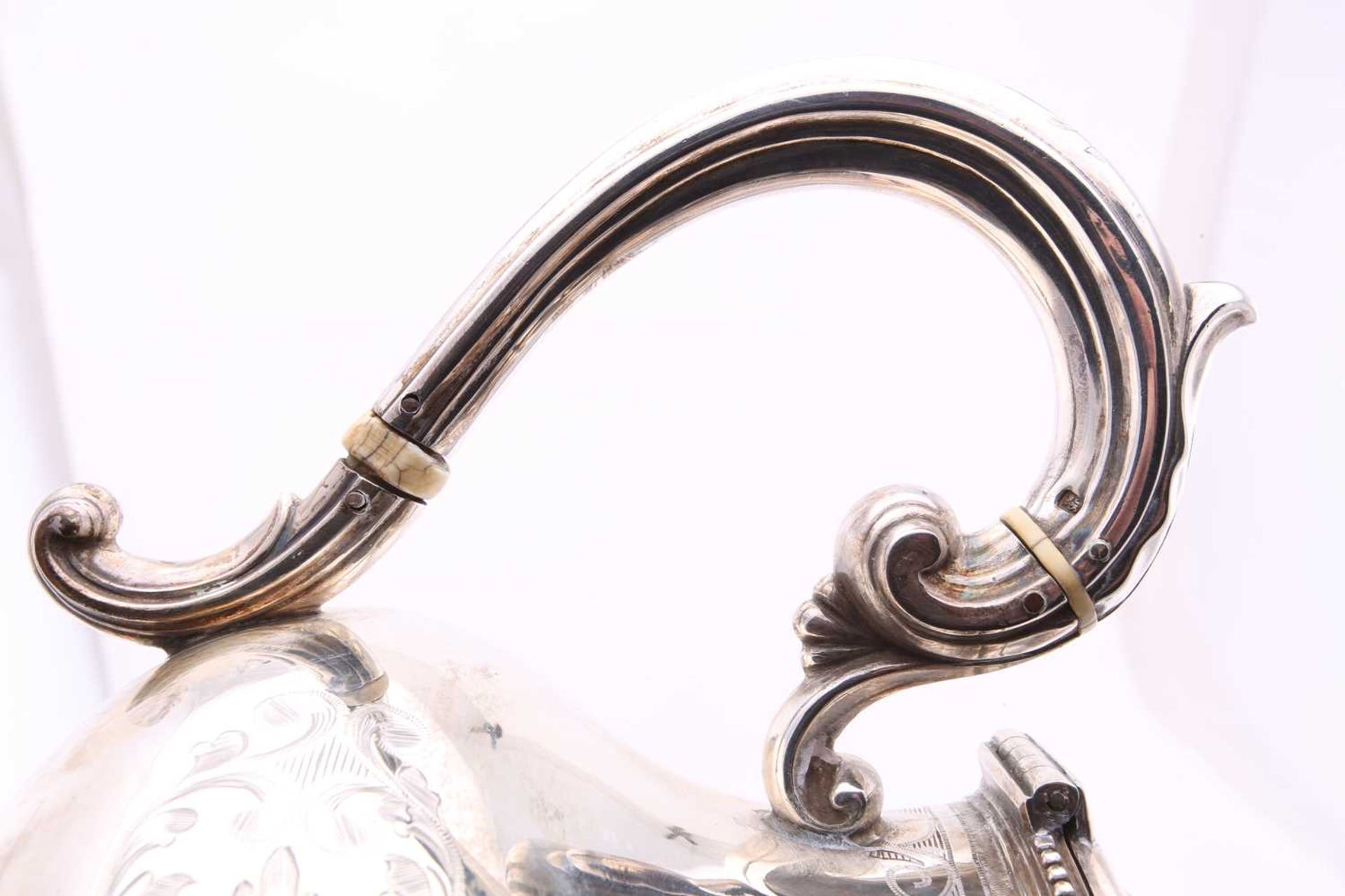 A Victorian silver three-piece tea service and sugar tongs of mixed date but the corresponding - Image 7 of 10