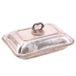 A silver entrée dish and cover; rounded concave rectangular form with gadrooned borders and