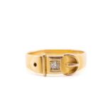 An 18ct gold diamond-set ring, of buckle design, embellished with an old-cut diamond of 2.8 x 2.9