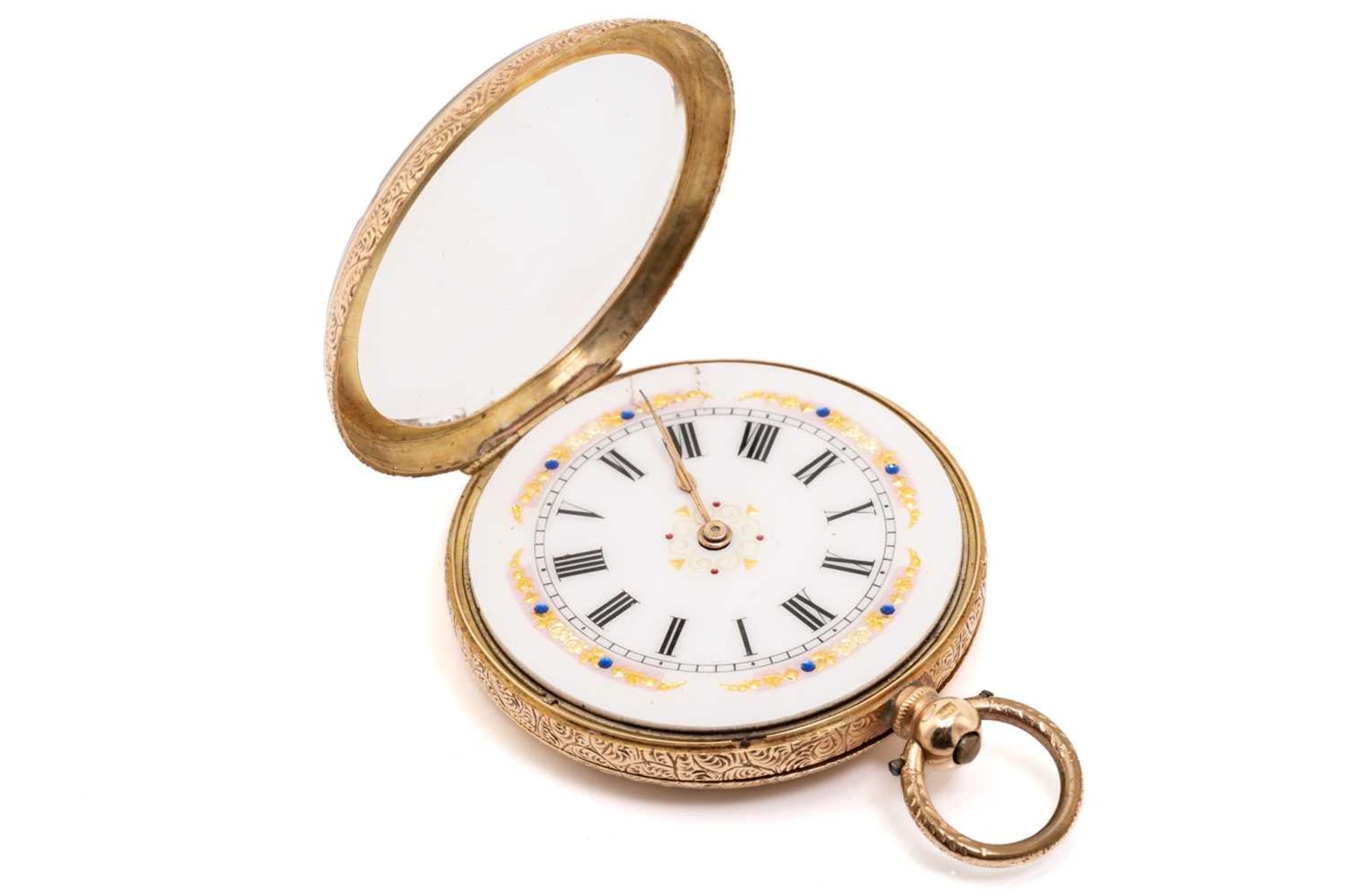 A ladies Edwardian 14K gold pocket watch, the white enamel dial with black Roman numerals and gilt