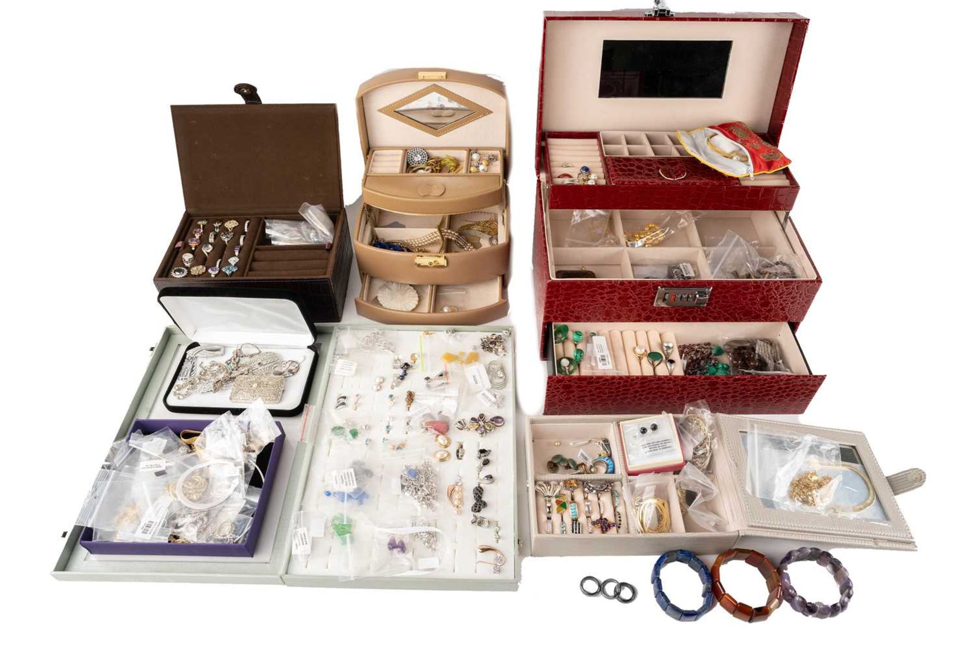Large quantity of silver and white metal costume jewellery in boxes, including a 9ct yellow gold