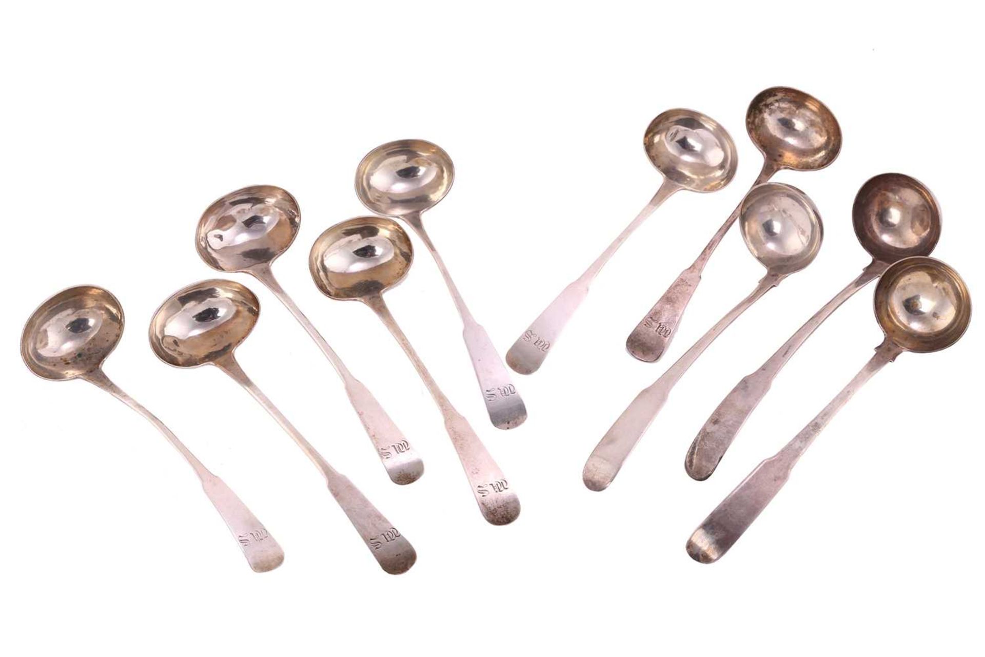 A set of seven fiddle pattern sauce ladles, probably Scottish provincial, circa 1780-1790;