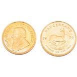 A 1oz 22ct gold South Africa Krugerrand, 1974Very, very light surface marks to obv. VF++.