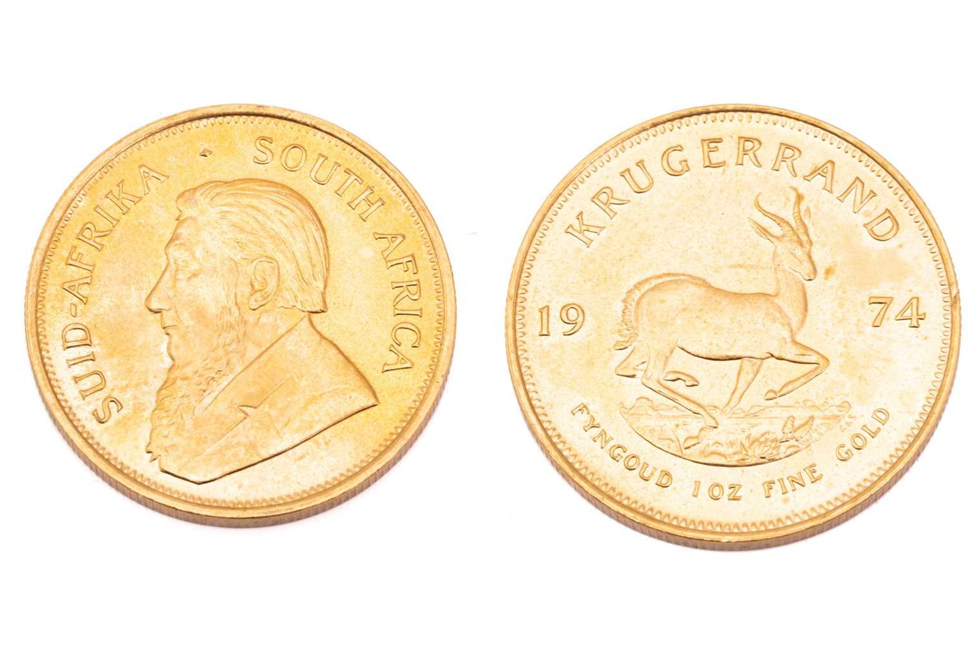 A 1oz 22ct gold South Africa Krugerrand, 1974Very, very light surface marks to obv. VF++.